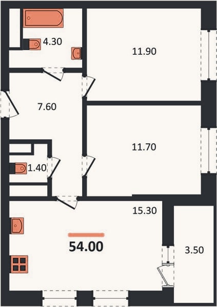 Планировка: 2-к, 54 м²