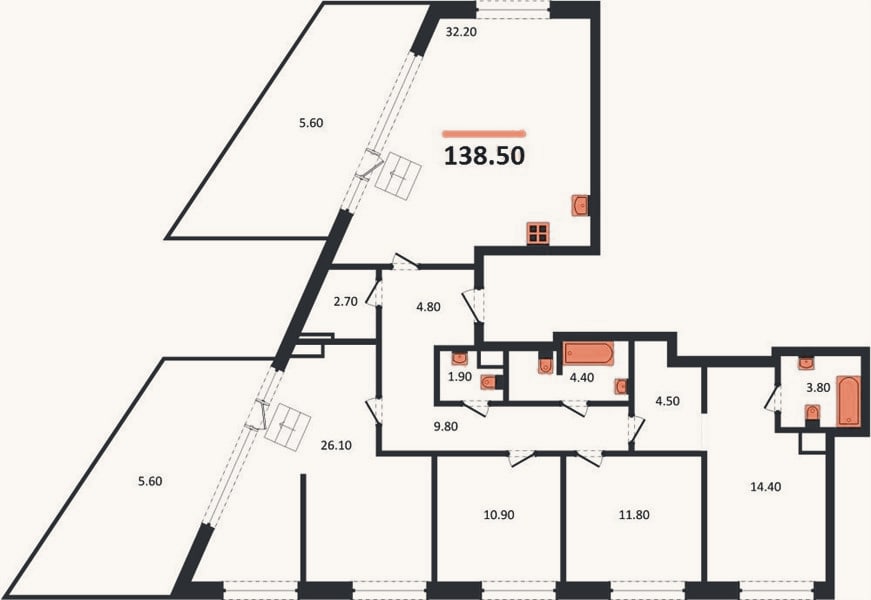 Планировка: 4+ к, 138,5 м²