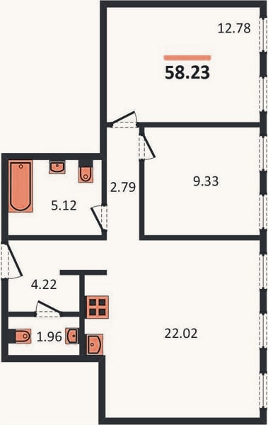 Планировка: 2-к, 58,2 м²