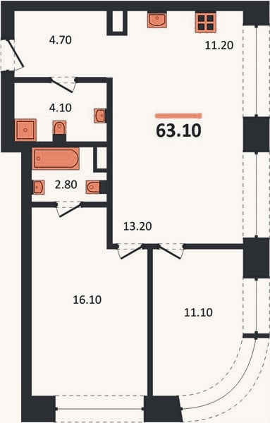 Планировка: 2-к, 63,1 м²
