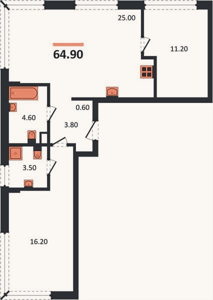 Планировка: 2-к, 66,8 м²