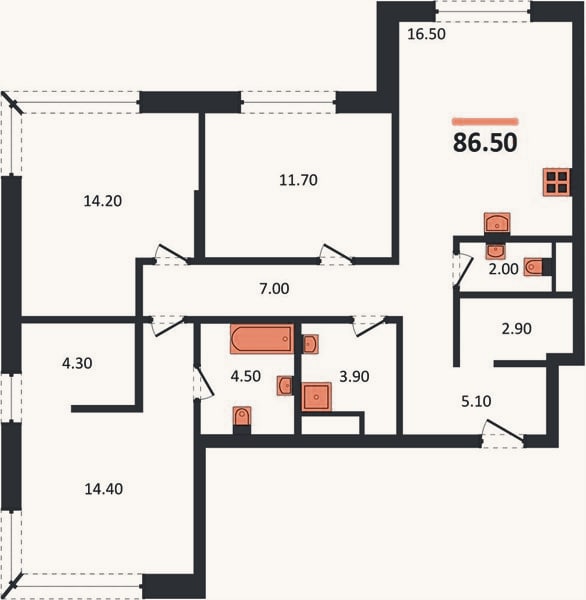 Планировка: 3-к, 86,5 м²
