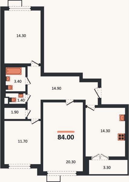 Планировка: 3-к, 84 м²