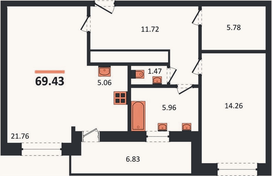 Планировка: 1-к, 69,4 м²