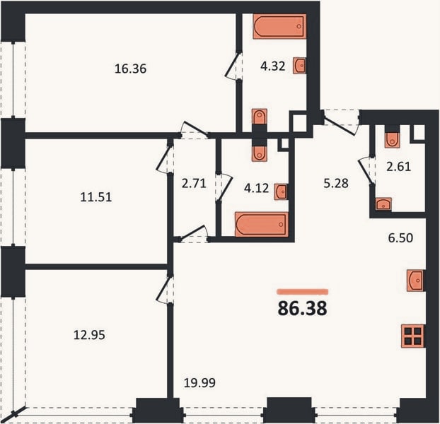 Планировка: 3-к, 86,4 м²