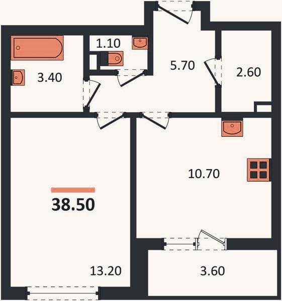 Планировка: 1-к, 38,5 м²