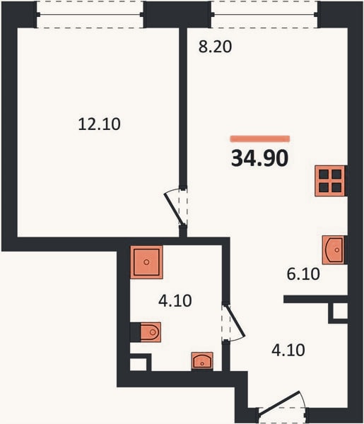 Планировка: 1-к, 34,9 м²