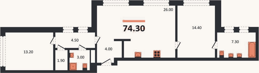 Планировка: 2-к, 74,3 м²