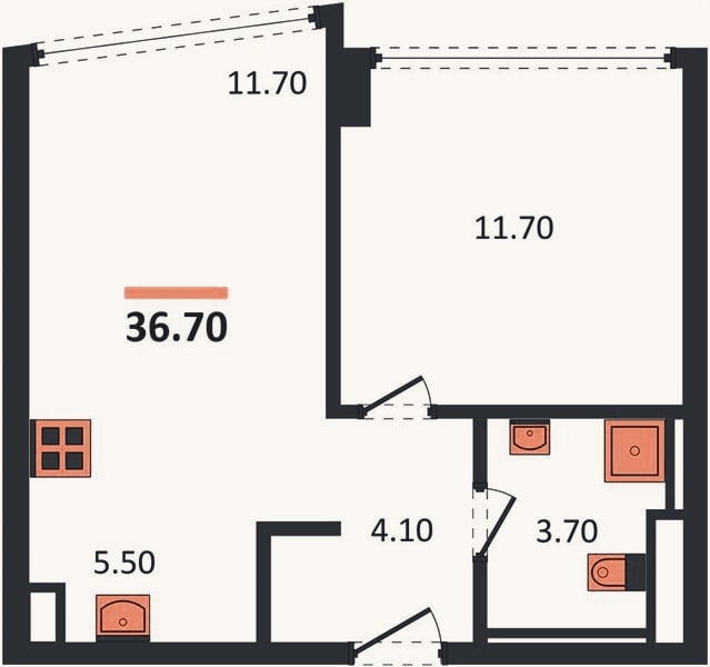 Планировка: 1-к, 36,7 м²