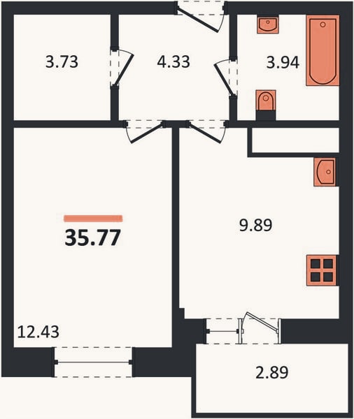 Планировка: 1-к, 35,8 м²