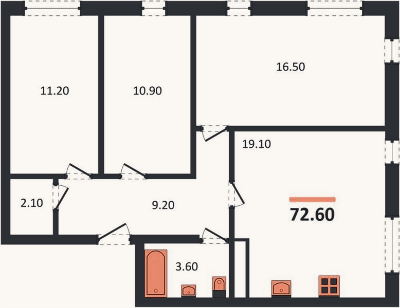 Планировка: 3-к, 72,6 м²