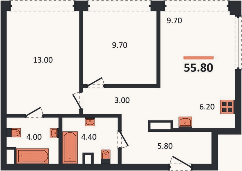 Планировка: 2-к, 56,2 м²