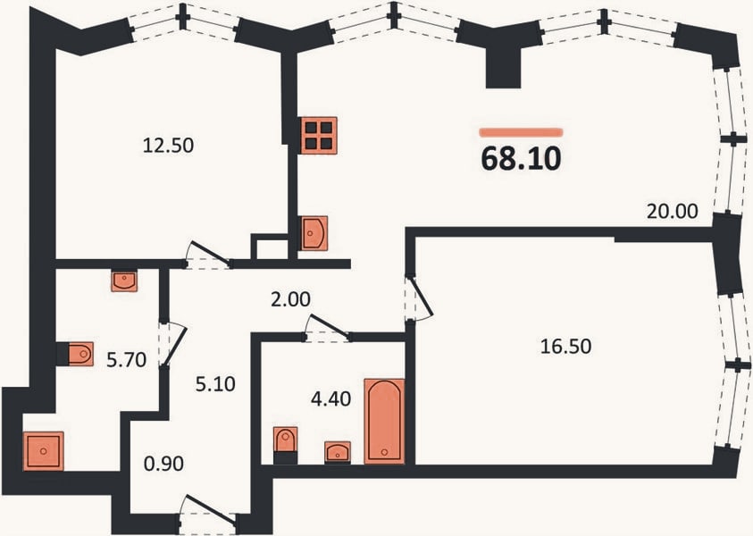 Планировка: 2-к, 68,1 м²