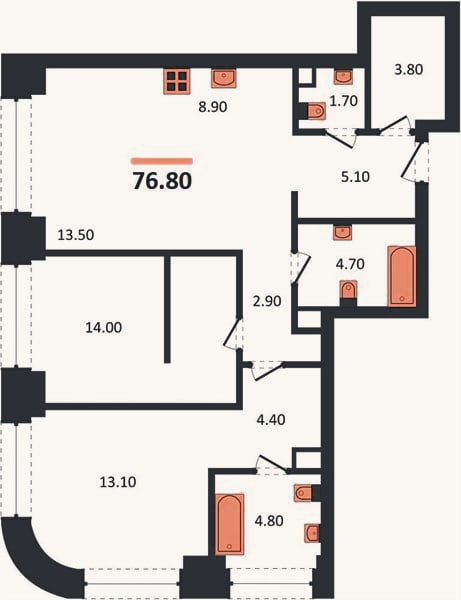 Планировка: 2-к, 76,8 м²