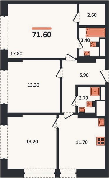 Планировка: 3-к, 71,6 м²