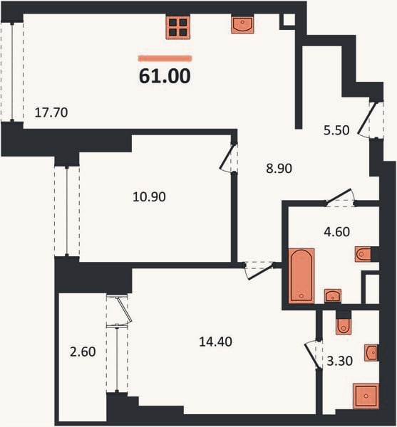 Планировка: 2-к, 61 м²