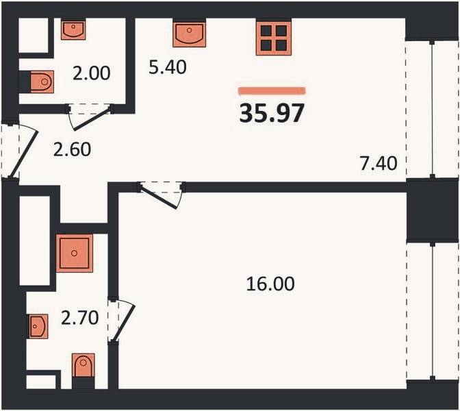 Планировка: 1-к, 36 м²