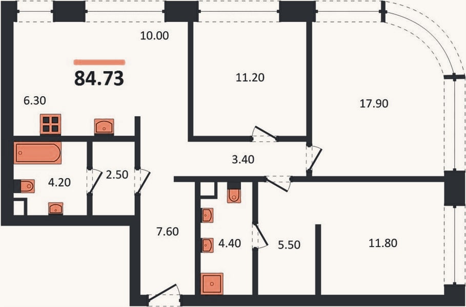 Планировка: 3-к, 84,7 м²