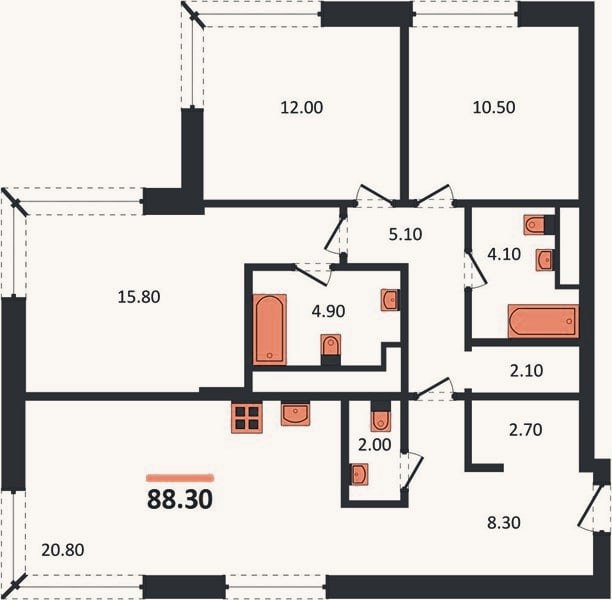 Планировка: 3-к, 88,3 м²