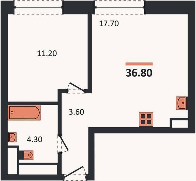 Планировка: 1-к, 36,8 м²
