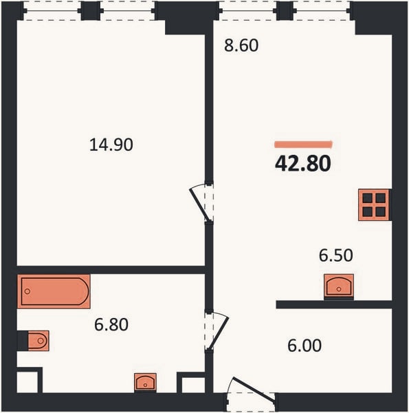 Планировка: 1-к, 42,8 м²