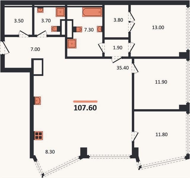 Планировка: 3-к, 107,6 м²