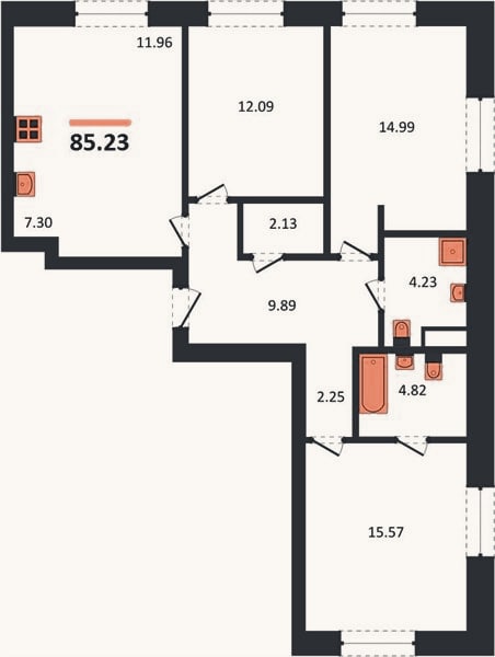 Планировка: 3-к, 85,2 м²