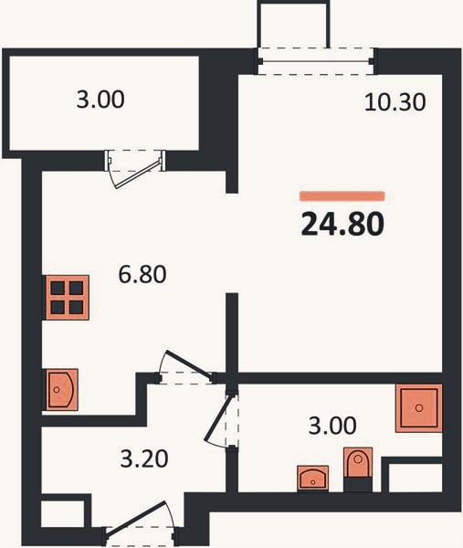 Планировка: 1-к, 24,8 м²
