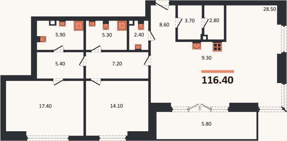 Планировка: 2-к, 116,4 м²