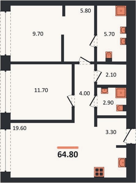 Планировка: 2-к, 64,8 м²