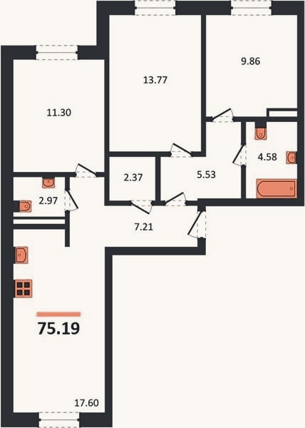 Планировка: 3-к, 75,2 м²