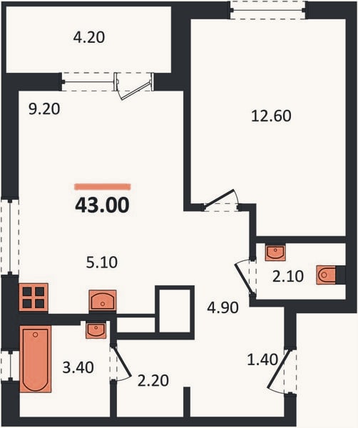 Планировка: 1-к, 43 м²