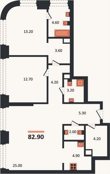 Планировка: 2-к, 82,9 м²