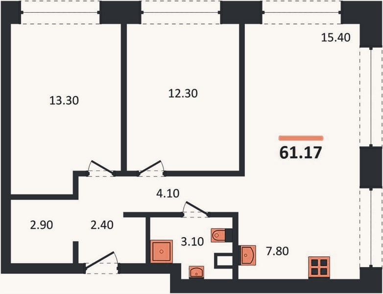 Планировка: 2-к, 61,2 м²