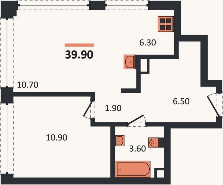 Планировка: 1-к, 40,4 м²