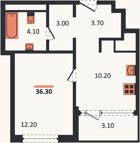 Планировка: 1-к, 36,3 м²