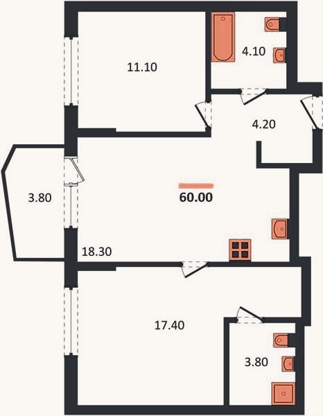 Планировка: 2-к, 60 м²