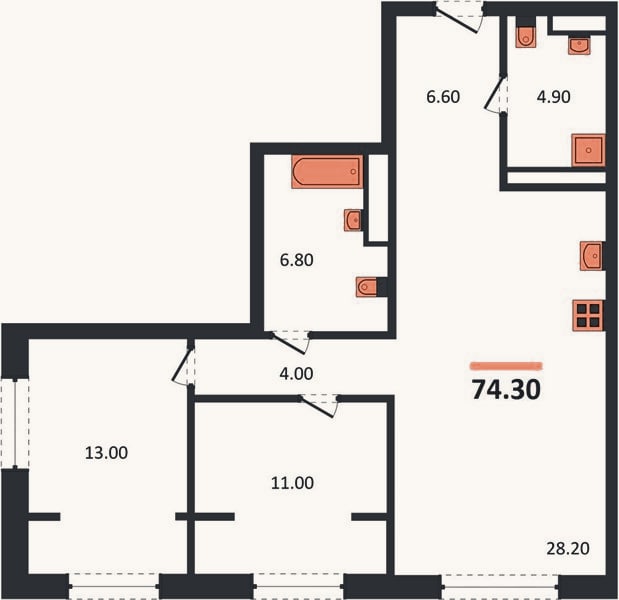 Планировка: 2-к, 74,3 м²