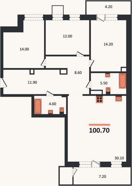 Планировка: 3-к, 100,7 м²