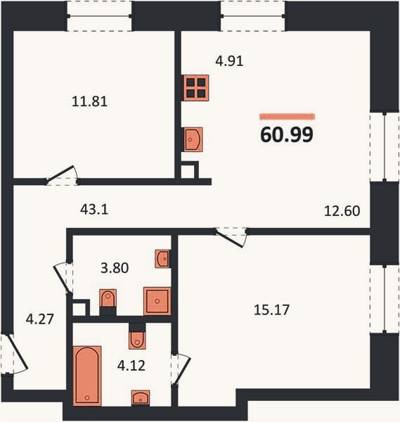 Планировка: 2-к, 61 м²