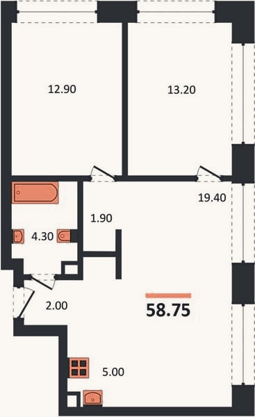 Планировка: 2-к, 58,8 м²
