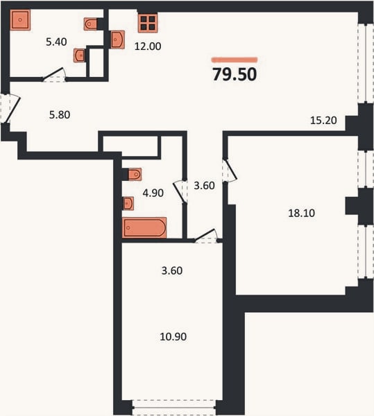 Планировка: 2-к, 79,5 м²