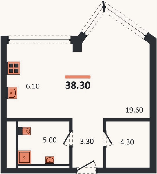 Планировка: Студия, 38,3 м²