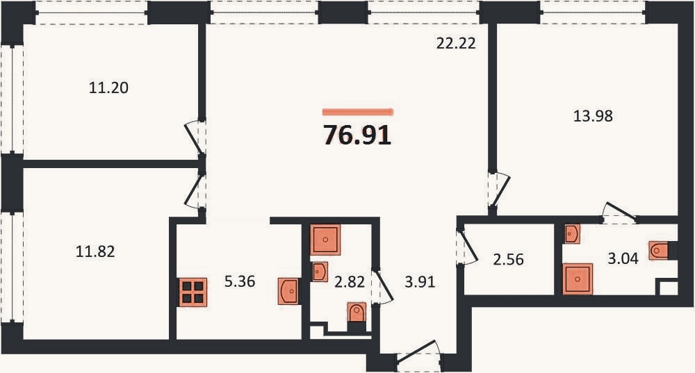 Планировка: 3-к, 76,9 м²