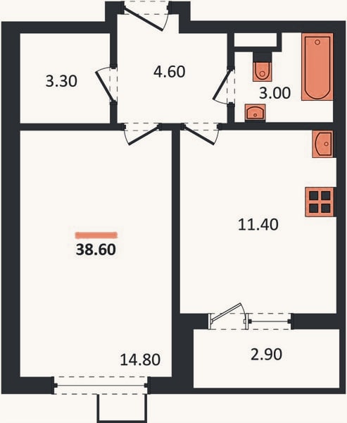 Планировка: 1-к, 38,5 м²