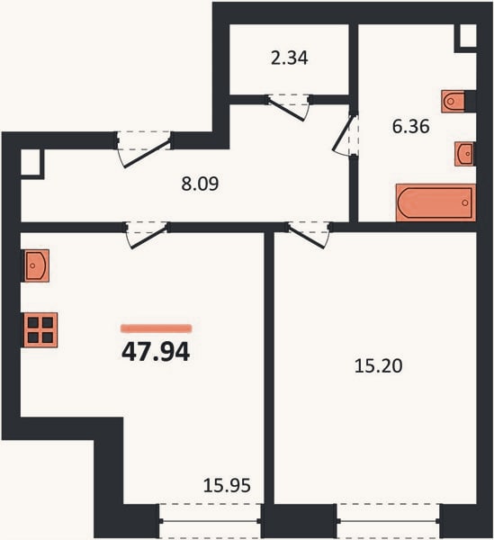 Планировка: 1-к, 47,9 м²