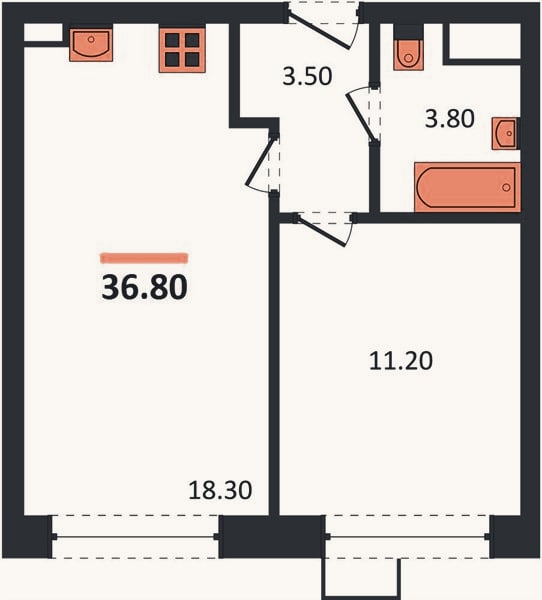 Планировка: 1-к, 36,8 м²