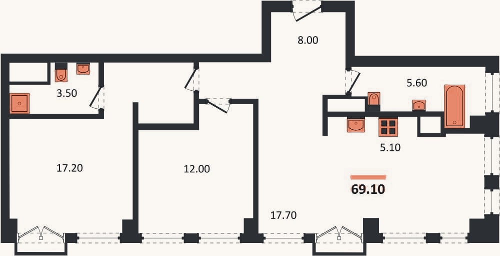 Планировка: 2-к, 69,1 м²
