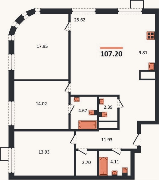 Планировка: 3-к, 107,2 м²