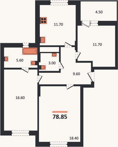 Планировка: 3-к, 78,9 м²